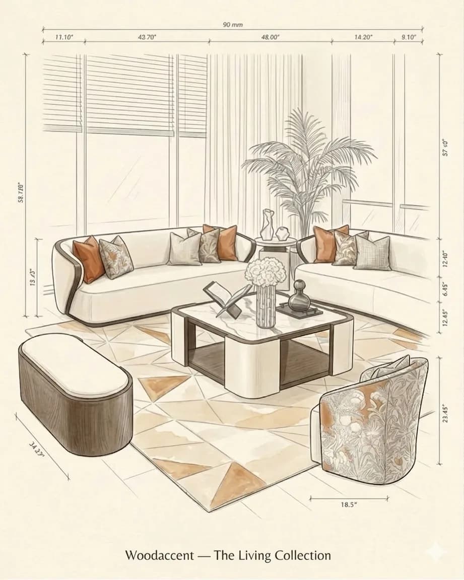Living-room concept render with two curved cream sofas, marble coffee table and dimension annotations.