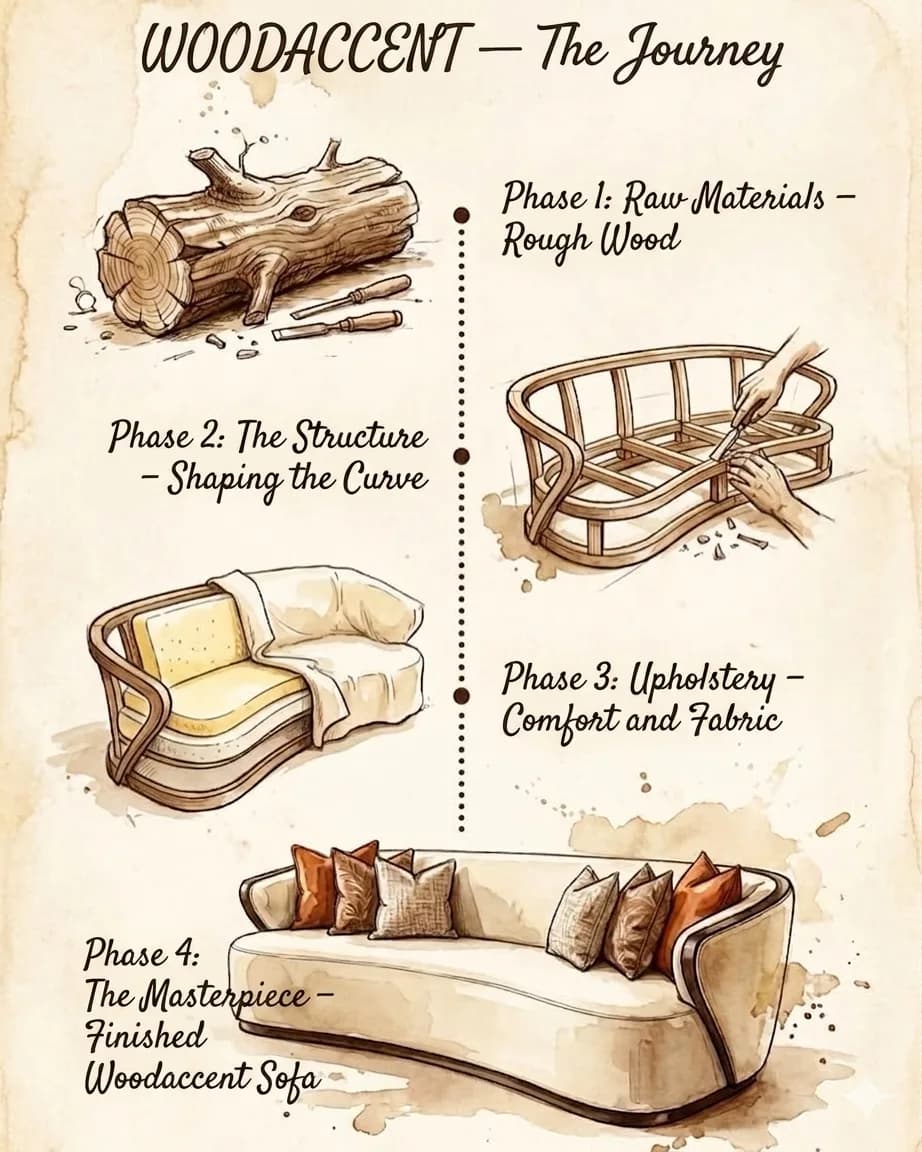 Watercolour infographic showing a sofa's four phases: raw log, timber frame, upholstery in progress, finished sofa.