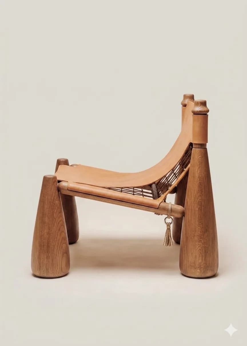 Leather sling lounge chair on turned conical wooden legs with a rope tassel