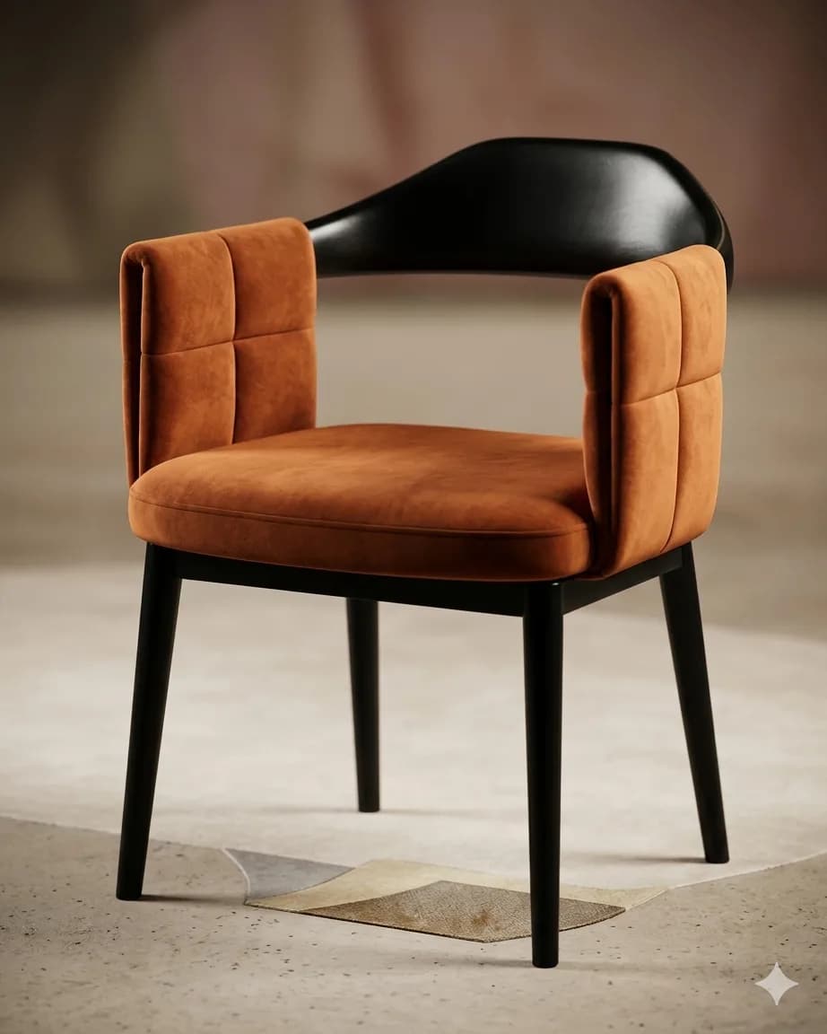 Rust-orange velvet armchair with black curved back rail and tapered black legs