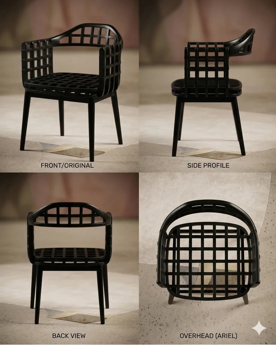 Four-view render sheet of a black lattice-frame armchair: front, side, back and overhead