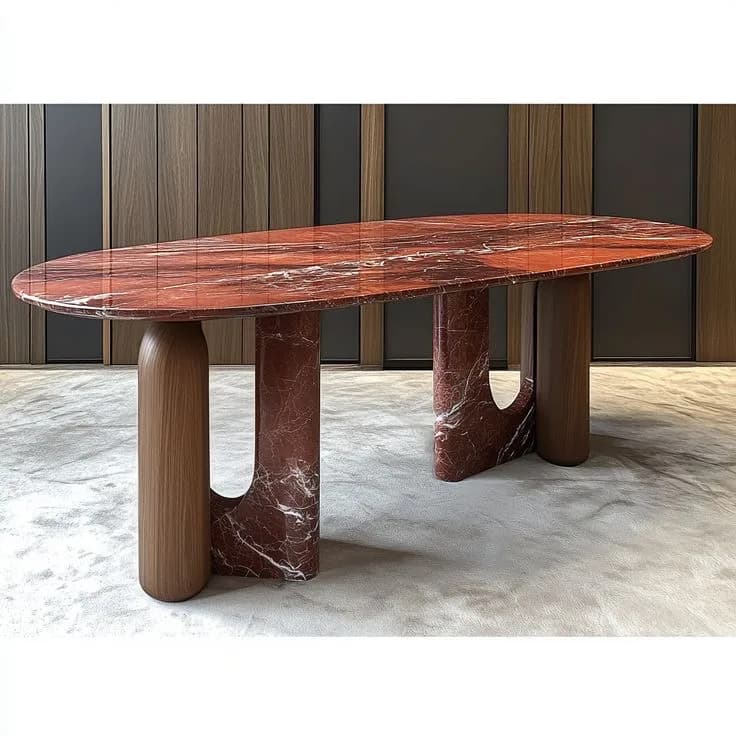 Oval red marble dining table on cylindrical wood and arched marble legs